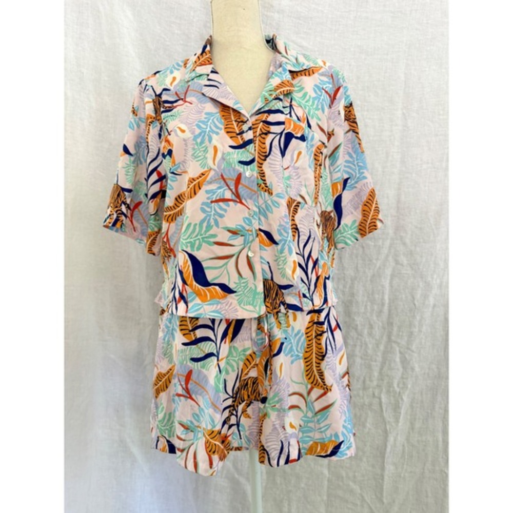 Cynthia Rowley Pajama Set Womens Pink Tiger Tropical Jungle‎ Print Shorts Large